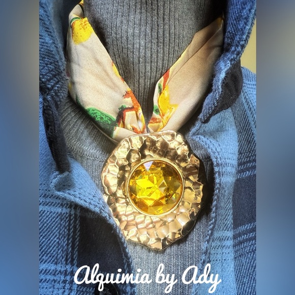 Alquimia Jewelry - Floral fall colors scarf huge gold pendant necklace